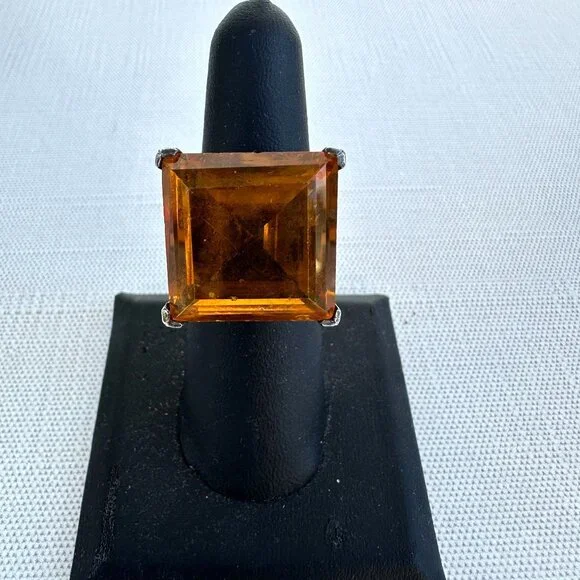 925 Silver Ring Large Amber Glass Stone Size 6.5
